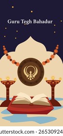 Guru Tegh Bahadur Ji Vector Story Banners - Sikh Commemoration Graphics with Kirpan, Shield and Lights
