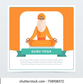 Guru yoga banner, meditating yogi man flat vector element for website or mobile app