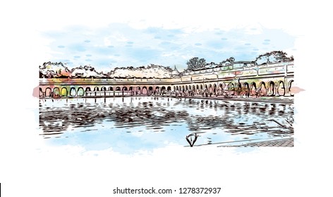 Gurudwara Bangla Sahib ( About this sound listen) is one of the most prominent Sikh gurdwara in Delhi, India. Watercolor splash with Hand drawn sketch illustration in vector.