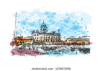 Gurudwara Bangla Sahib ( About this sound listen) is one of the most prominent Sikh gurdwara in Delhi, India. Watercolor splash with Hand drawn sketch illustration in vector.