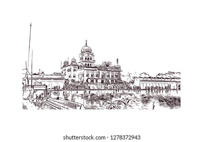 Gurudwara Bangla Sahib ( About this sound listen) is one of the most prominent Sikh gurdwara in Delhi, India. Hand drawn sketch illustration in vector.