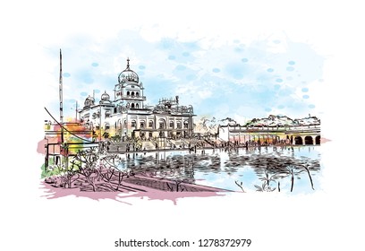 Gurudwara Bangla Sahib ( About this sound listen) is one of the most prominent Sikh gurdwara in Delhi, India. Watercolor splash with Hand drawn sketch illustration in vector.