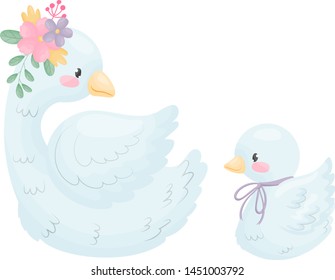Gus looks back at the little gosling. Vector illustration on white background.