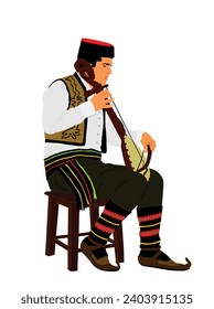 Guslar play gusle, traditional music instrument from Serbia and Montenegro vector illustration isolated. Vintage dressed Balkan musician player and singer. Folklore artist event East Europe culture.