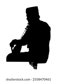 Guslar play gusle vector silhouette illustration isolated. Traditional music instrument from Montenegro and Serbia. Balkan musician player and singer shape shadow. Folklore artist event.