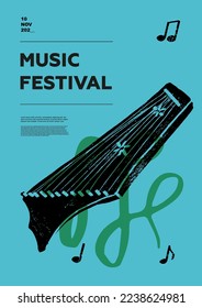 Gusli, harp, folk. Music festival poster. String musical instruments. Competition. A set of vector illustrations. Minimalistic design. Banner, flyer, cover, print.