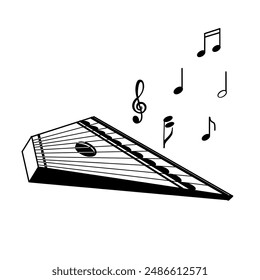 Gusli and notes, melody, folk musical instrument. Vector illustration. All objects are hand-drawn in black in vector. Suitable for printing on invitations, posters, tickets.