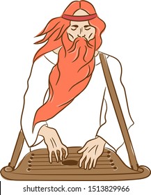 Guslyar, an old man with a beard playing on a stringed old instrument harp.  Gusli . Vector drawing. Hussler.