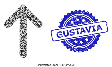 Gustavia textured stamp seal and vector recursion composition up arrow. Blue stamp seal includes Gustavia tag inside rosette. Vector mosaic is composed with repeating rotated up arrow items.