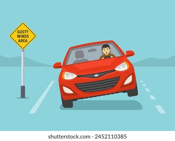 Gusty wind area sign. Scared male driver on the road. Red car is about to roll over on a windy road. Flat vector illustration template.