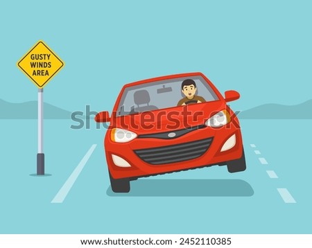 Gusty wind area sign. Scared male driver on the road. Red car is about to roll over on a windy road. Flat vector illustration template.