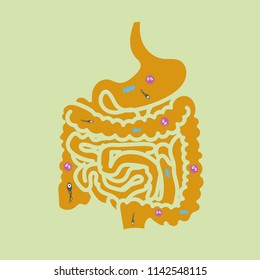 Gut Bacteria In Gastrointestinal Tract (GI Tract) With Light Colour Background. Flat Icon.