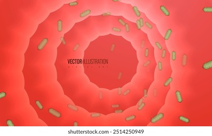 Gut bacteria inside the human intestine, complex microbiome environment. Vector illustration for medical, healthcare, and educational banner, microbiology, gut health, and digestive system studies