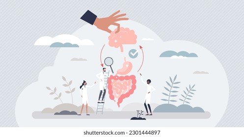 Eje cerebral intestinal como sentimiento emocional y conexión intestinal concepto de persona diminuta. Interacción entre el estado de ánimo y la microflora intestinal o estomacal, ilustración del vector de salud. Influencia gastrointestinal.