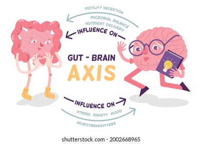 Gut - Brain AXIS landscape poster with characters. Human internal organs connection. Editable vector illustration in bright colors. Modern cartoon style. Medical, healthcare and scientific concept