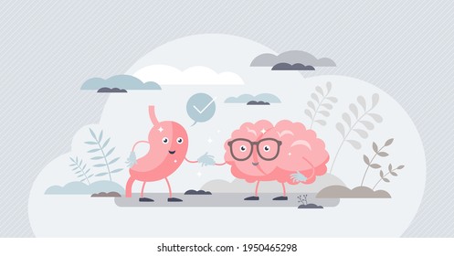 Gut brain connection as friendly inner organ characters tiny person concept. Interaction, cooperation and health effects from emotions and thoughts to stomach digestive system vector illustration.