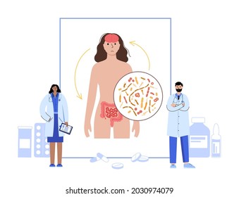 Gut brain connection, human microbiome. Gastroenterology clinic. Enteric nervous system, small and large intestine. Signals from brain to digestive tract. Colon, bowel and cerebrum vector illustration