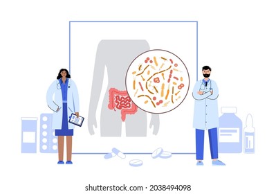 Conexión del cerebro intestinal, microbioma humano. Clínica gastroenterológica. Sistema nervioso entérico, intestino delgado y grueso. Señales del cerebro al tracto digestivo. Ilustración de los vectores de colon, intestino y cerebrum