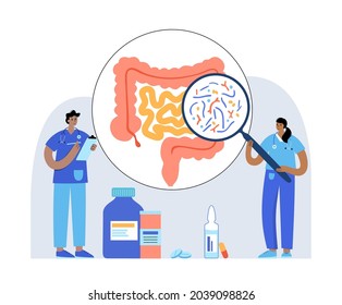 Gut brain connection, human microbiome. Gastroenterology clinic. Enteric nervous system, small and large intestine. Signals from brain to digestive tract. Colon, bowel and cerebrum vector illustration