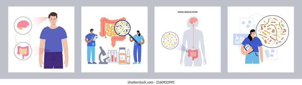 Gut brain connection, human microbiome. Gastroenterology clinic. Enteric nervous system, small and large intestine. Signals from brain to digestive tract. Colon, bowel and cerebrum vector illustration