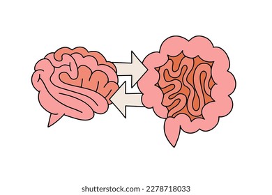 Gut brain connection illustration with arrows. Physiology body human concept, health gastrointestinal tract, circulation organism, hand drawn thin line elements isolated white. Vector picture.