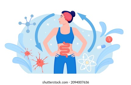 Gut Brain Connection. Interaction, Cooperation And Health Effects From Emotions And Thoughts To Stomach Digestive System. Enteric Nervous System In Human Body. Signals From Brain To Digestive Tract