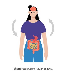 Gut brain connection and microbiome concept. Enteric nervous system in human body, small and large intestine. Signals from brain to digestive tract. Colon, bowel and cerebrum flat vector illustration