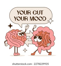 Gut and brain retro cartoon characters connection. Health of the brain and the gut are interwinded. Medical, scientific, healthcare concept. Contour vector illustration with text Your gut, your mood.