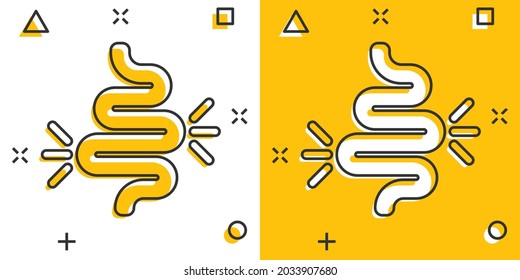 Gut Constipation Icon In Comic Style. Colitis Vector Cartoon Illustration On White Isolated Background. Stomach Business Concept Splash Effect.