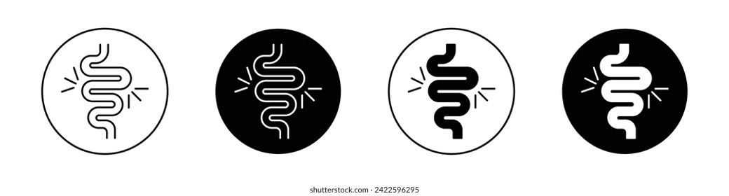 Gut Constipation Icon Set. Intestine and Bowel Health Vector symbol in a black filled and outlined style. Digestive Wellness Sign
