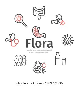 Gut flora banner. Line icons set. Vector signs
