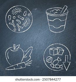 Gut flora, beneficial bacteria chalkboard icon set. Yogurt, low sugar, vegetables and fruits. Vector illustration.