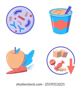 Flora intestinal, conjunto de ícone de néon de bactérias benéficas. Iogurte, pouco açúcar, legumes e frutas. Ilustração vetorial.