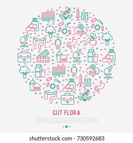 Concepto de flora intestinal en círculo con iconos de línea delgada: intestino, bacterias, obesidad, estómago, infección, depresión, medicina. Ilustración vectorial para Encuesta médica o informe.