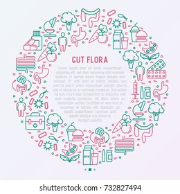 Gut flora concept in circle with thin line icons: gut, bacteria, obesity, stomach, infection, depression, medicine. Vector illustration for medical survey or report.