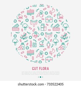 Gut flora concept in circle with thin line icons: gut, bacteria, obesity, stomach, infection, depression, medicine. Vector illustration for medical survey or report.