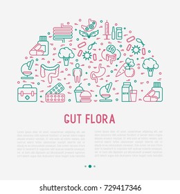 Gut flora concept in half circle with thin line icons: gut, bacteria, obesity, stomach, infection, depression, medicine. Vector illustration for background of medical survey or report.
