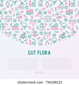 Gut flora concept with thin line icons: gut, bacteria, obesity, stomach, infection, depression, medicine. Vector illustration for medical survey or report.