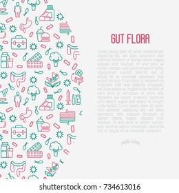 Gut flora concept with thin line icons: gut, bacteria, obesity, stomach, infection, depression, medicine. Vector illustration for medical survey or report.