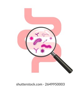 Gut flora or digestive tract microorganism diagnosis tiny person concept. Medical stomach inspection by gastroenterologist doctor for patient with bowel or intestine canal problems vector illustration