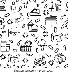 Gut flora seamless pattern with thin line icons: gut, bacteria, obesity, stomach, infection, depression, medicine. Vector illustration for medical survey or report.
