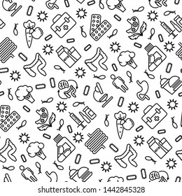 Gut flora seamless pattern with thin line icons: gut, bacteria, obesity, stomach, infection, depression, medicine. Vector illustration for medical survey or report.