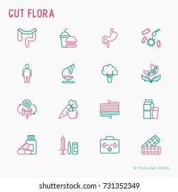 Gut flora thin line icons set: gut, bacteria, obesity, stomach, infection, depression, medicine. Vector illustration for medical survey or report.