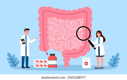 Gut health concept. Male and female doctors checking human intestine. Medical digestive health poster or banner. Health care, diagnosis and treatment option.