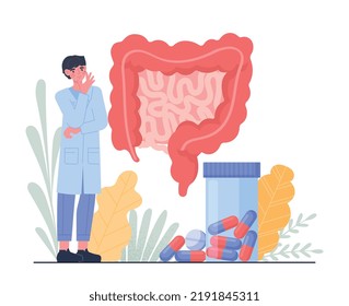 Gut Health Concept. Man Evaluates Work Of Internal Organs. Health Care And Scientific Research, Doctor With Pills. Treatment Of Digestive System And Intestines. Cartoon Flat Vector Illustration