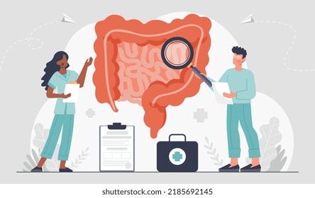 Gut Health Concept. Man And Woman Checking Human Organs, Doctors Conducting Scientific Study. Medical Poster Or Banner. Health Care, Diagnosis And Treatment Options. Cartoon Flat Vector Illustration