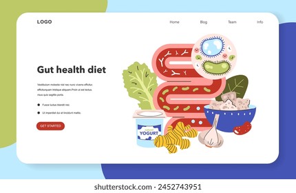 Gut Health Diet concept. Illustration of digestive system with healthy foods promoting gut flora. Leafy greens, yogurt, garlic, and probiotics for well-being. Vector illustration.