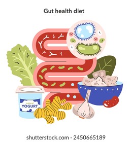 Gut Health Diet concept. Nutritional elements supporting digestive wellness with probiotics. Illustration of intestines, microorganisms, yogurt, and fibers. Vector illustration.