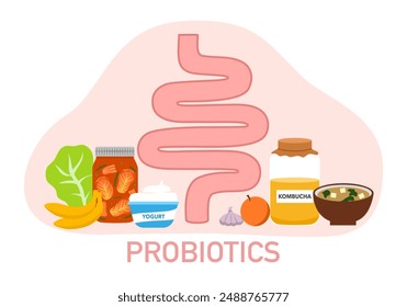 Gut Health Diet concept. Nutritional elements supporting digestive wellness with probiotics. Illustration of intestines, yogurt, and fibers.