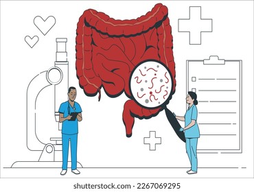 Gut health Tiny scientists observe gastrointestinal tract and digestive system isolated vector illustration. Cartoon medical doctors doing analysis of gut microorganisms. Health and nutrition concept